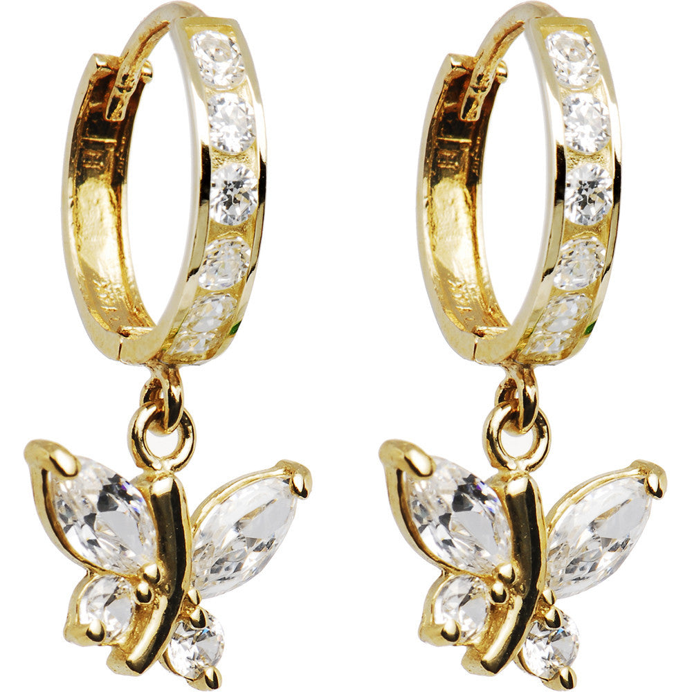 14k Yellow Gold Clear CZ Butterfly Huggy Earrings