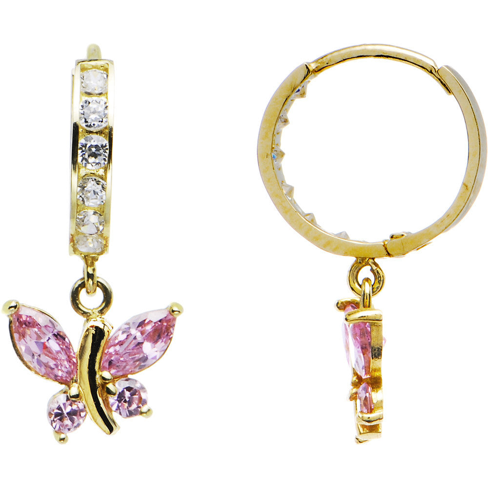 14k Yellow Gold Light Pink CZ Butterfly Huggy Earrings
