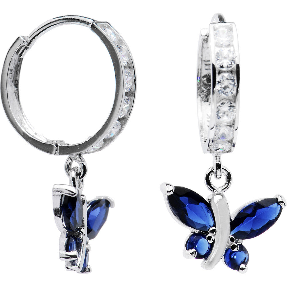 14k White Gold Sapphire Blue CZ Butterfly Huggy Earrings