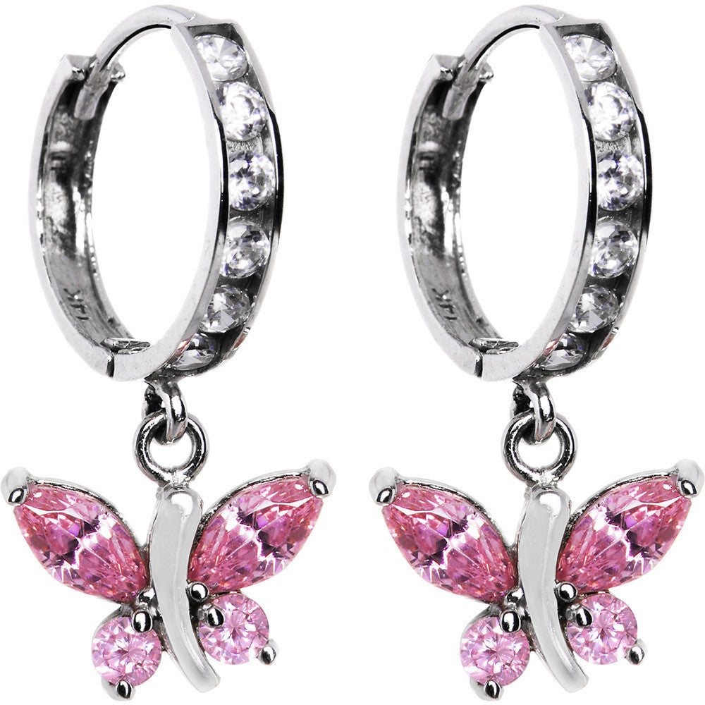 14k White Gold Light Pink CZ Butterfly Huggy Earrings