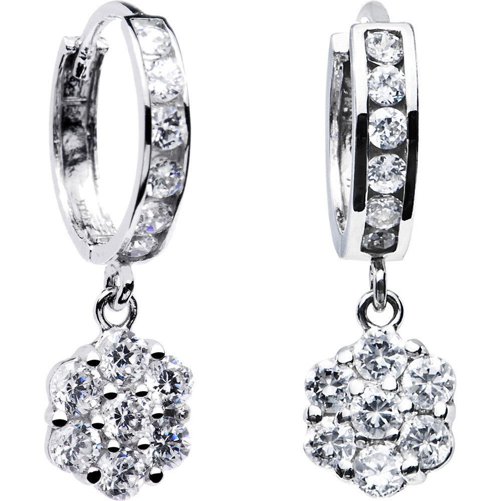 14k White Gold CZ Flower Huggy Earrings 8mm