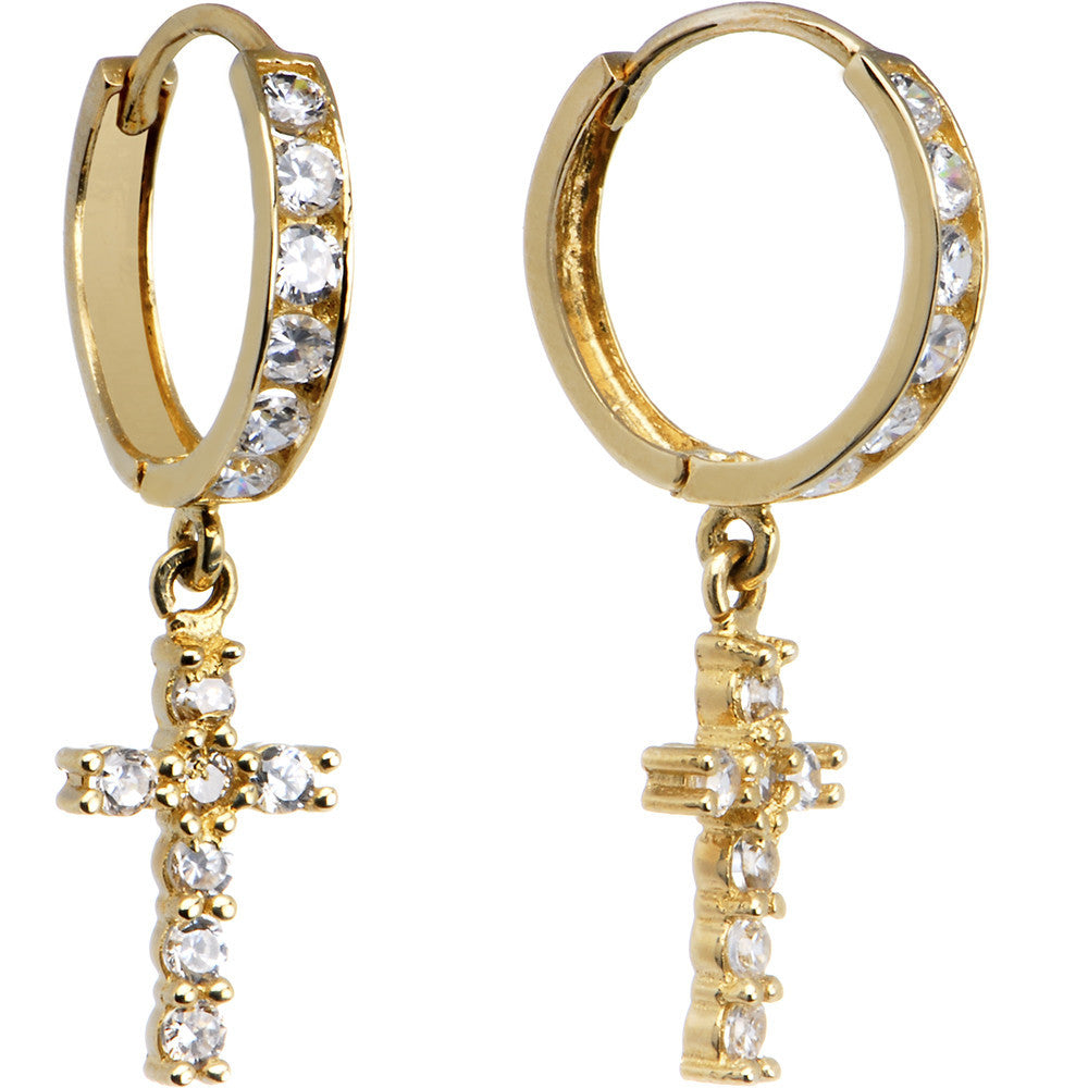 14k Yellow Gold CZ Cross Huggy Earrings 8mm