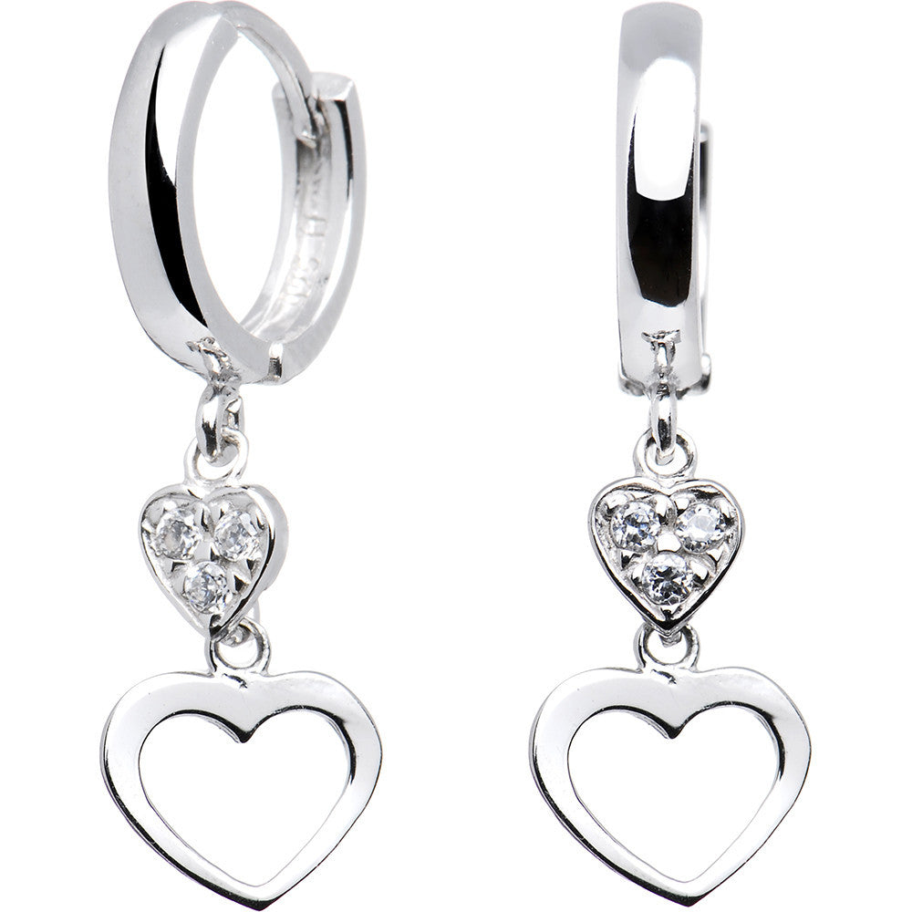14k White Gold CZ Dual Heart Huggy Earrings