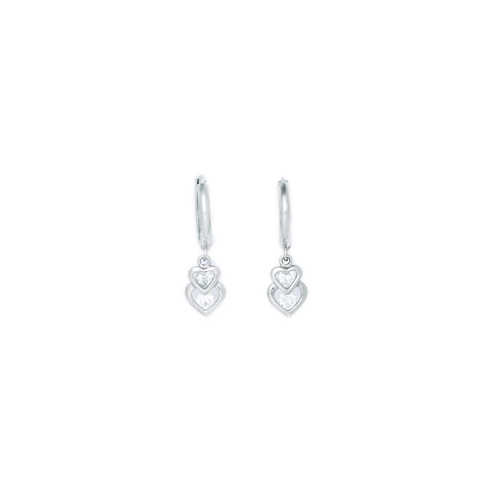 14k White Gold CZ Heart Duet Huggy Earrings