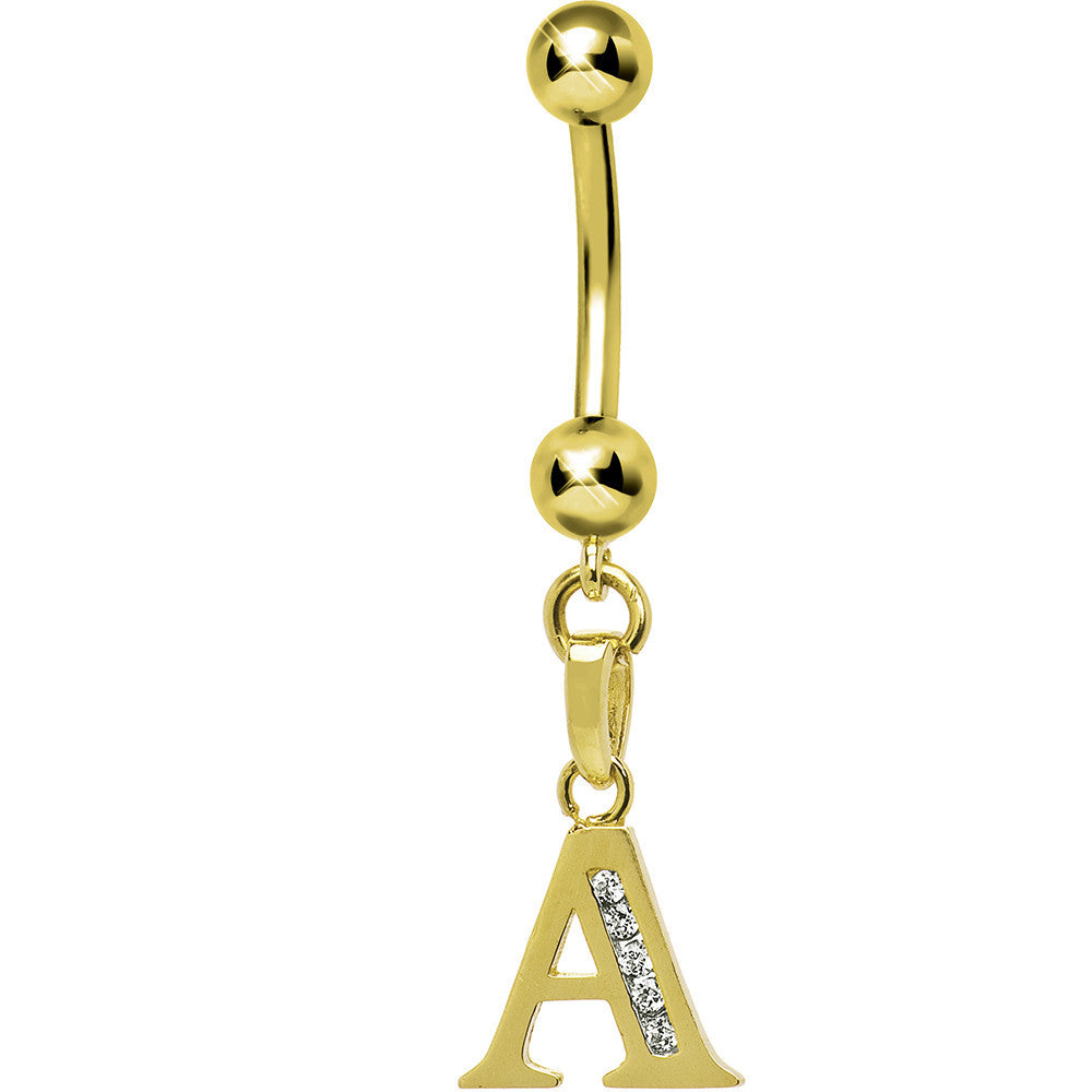 16G Solid 14k Yellow Gold CZ Initial A Belly Ring