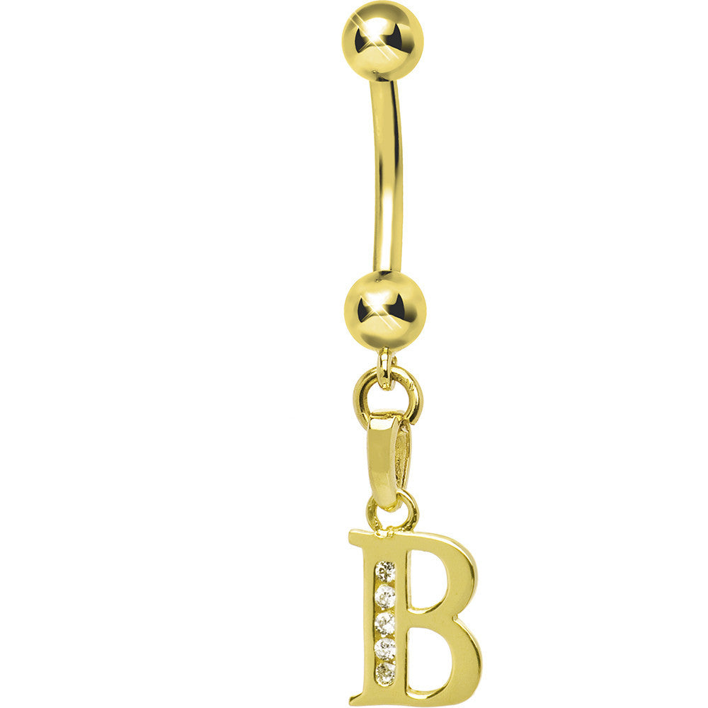 16G Solid 14k Yellow Gold CZ Initial B Belly Ring