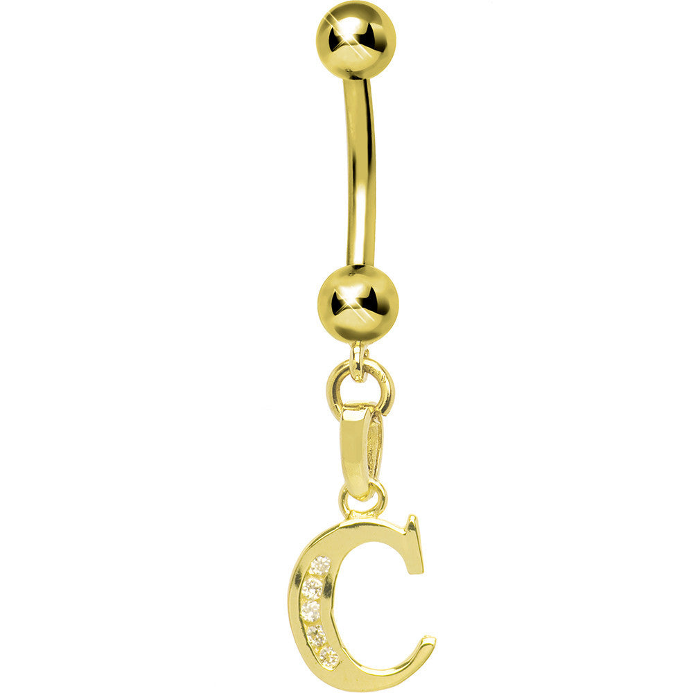 Solid 14kt Yellow Gold CZ Initial C Belly Ring