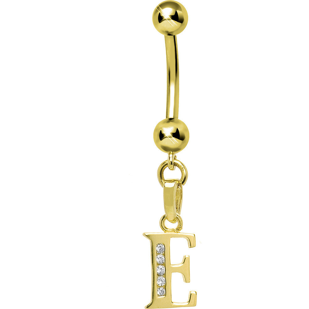 16G Solid 14k Yellow Gold CZ Initial E Belly Ring