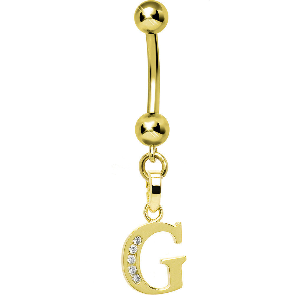 16G Solid 14k Yellow Gold CZ Initial G Belly Ring