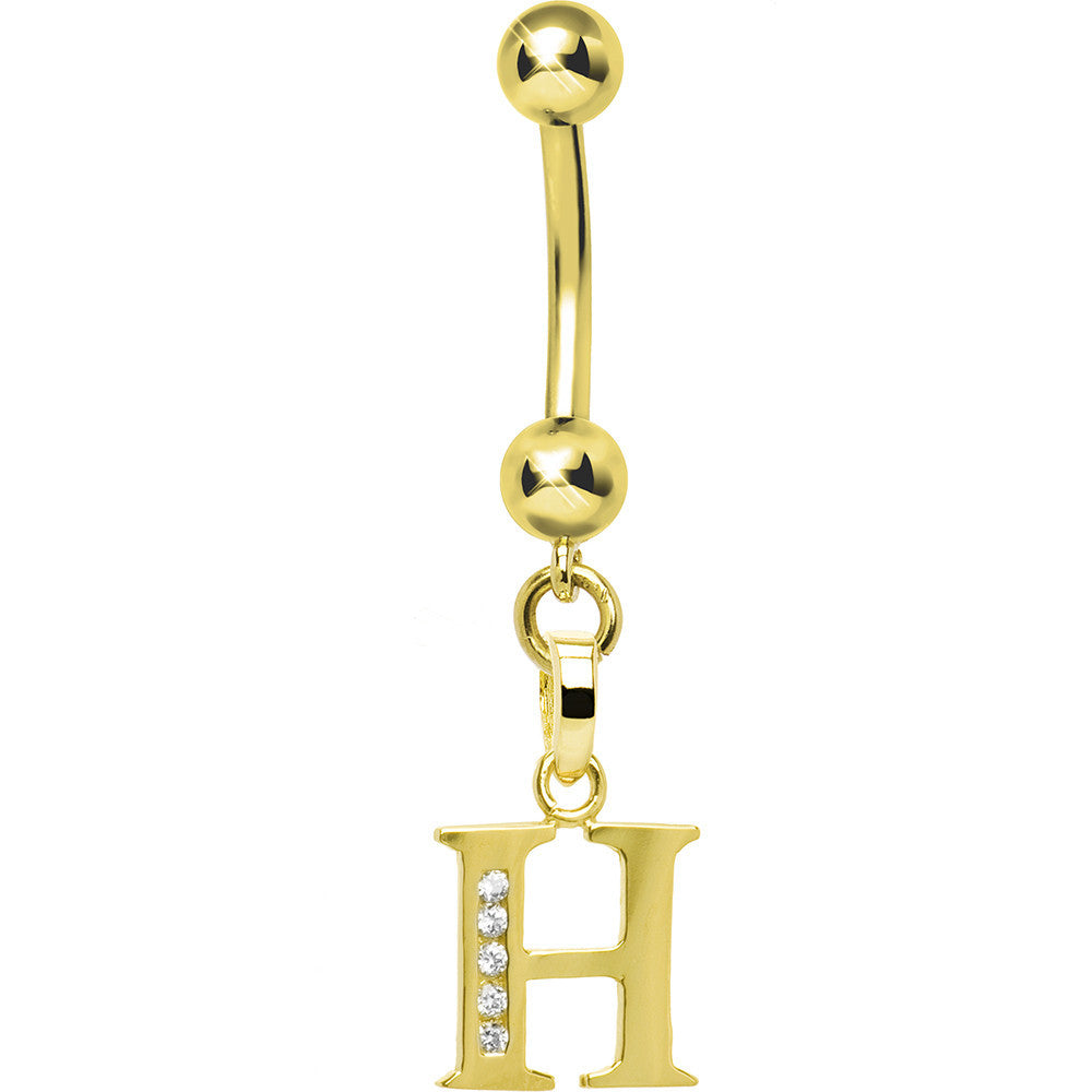 16G Solid 14k Yellow Gold CZ Initial H Belly Ring