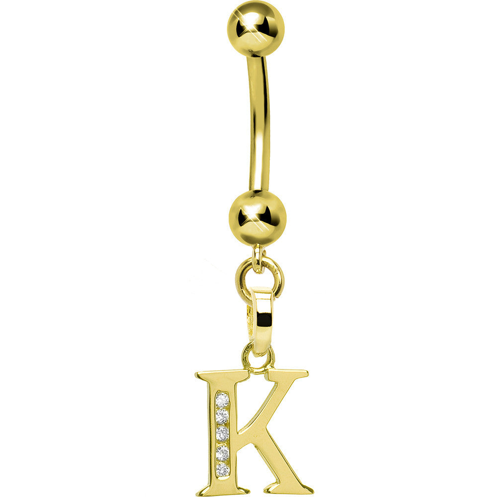 16G Solid 14k Yellow Gold CZ Initial K Belly Ring
