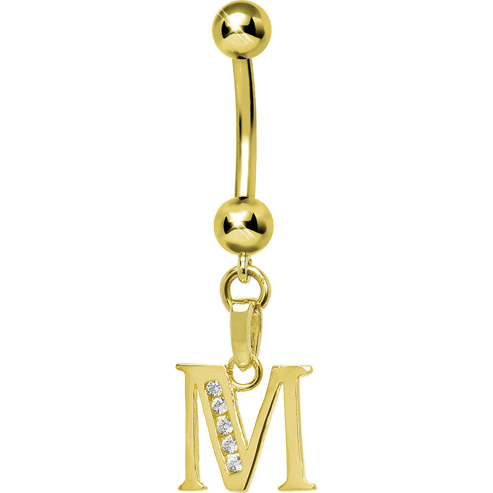 16G Solid 14k Yellow Gold CZ Initial M Belly Ring