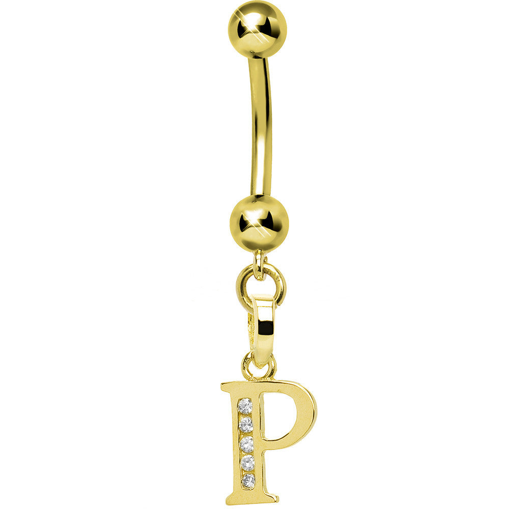16G Solid 14k Yellow Gold CZ Initial P Belly Ring
