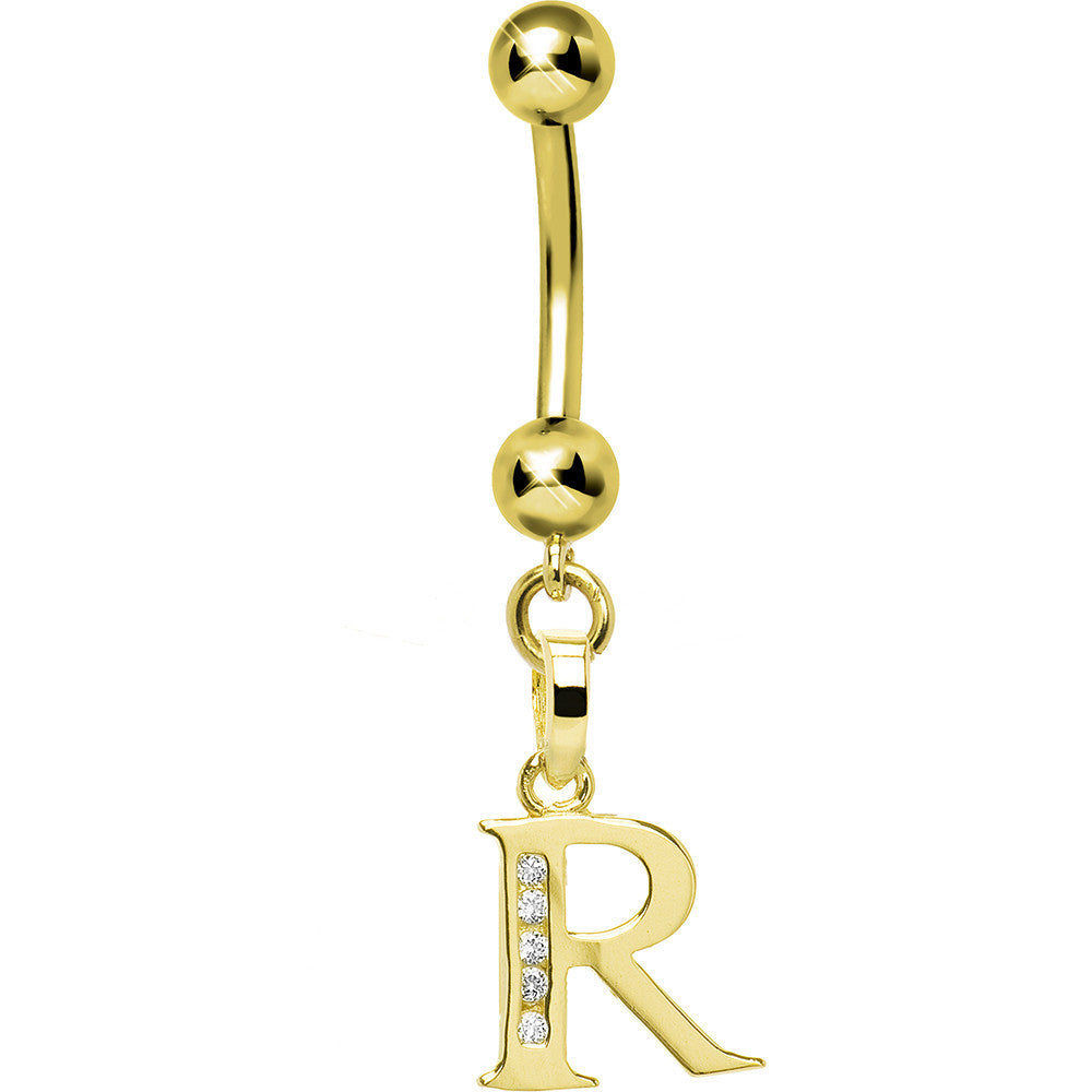 16G Solid 14k Yellow Gold CZ Initial R Belly Ring