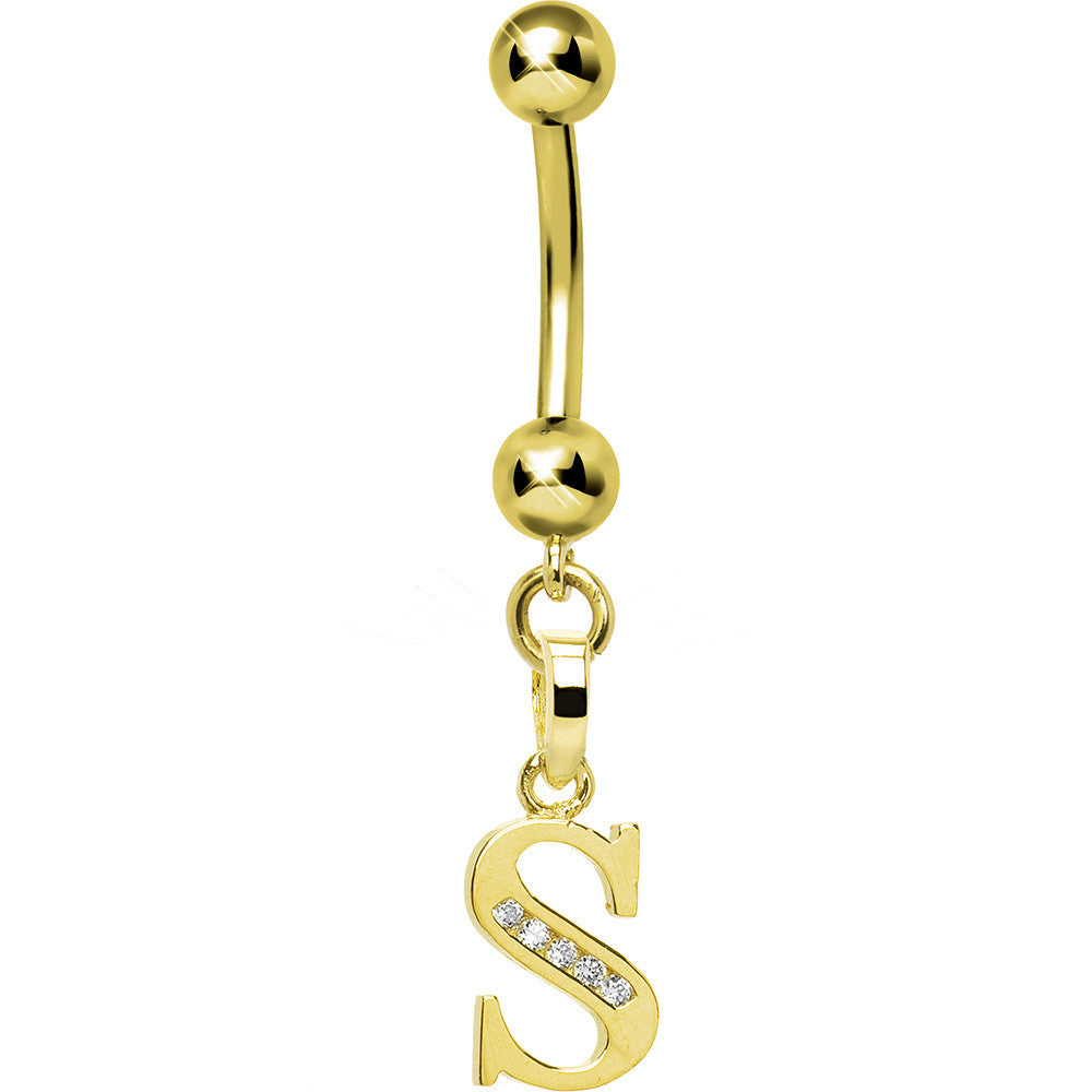 Solid 14kt Yellow Gold CZ Initial S Belly Ring