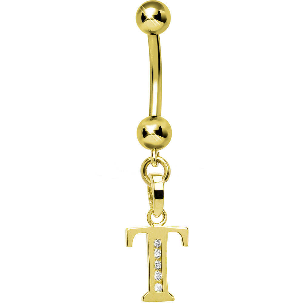 16G Solid 14k Yellow Gold CZ Initial T Belly Ring
