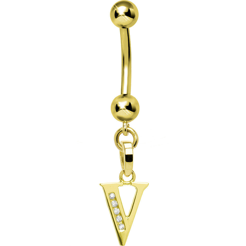 Solid 14kt Yellow Gold CZ Initial V Belly Ring