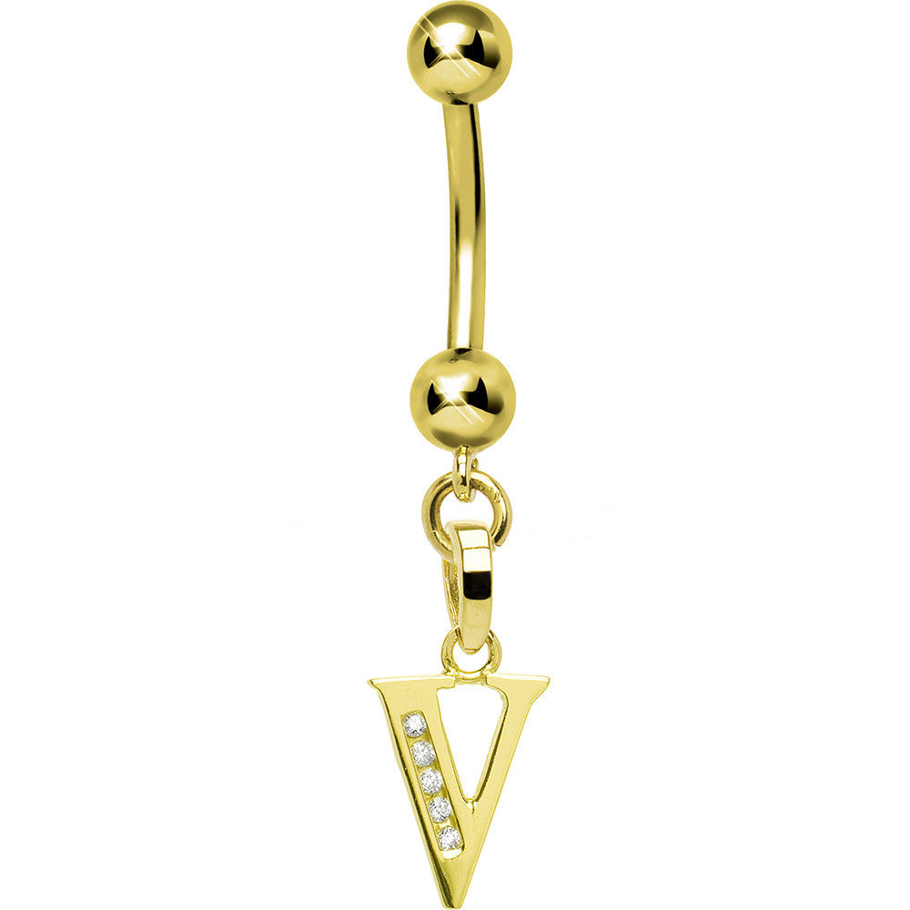 16G Solid 14k Yellow Gold CZ Initial V Belly Ring