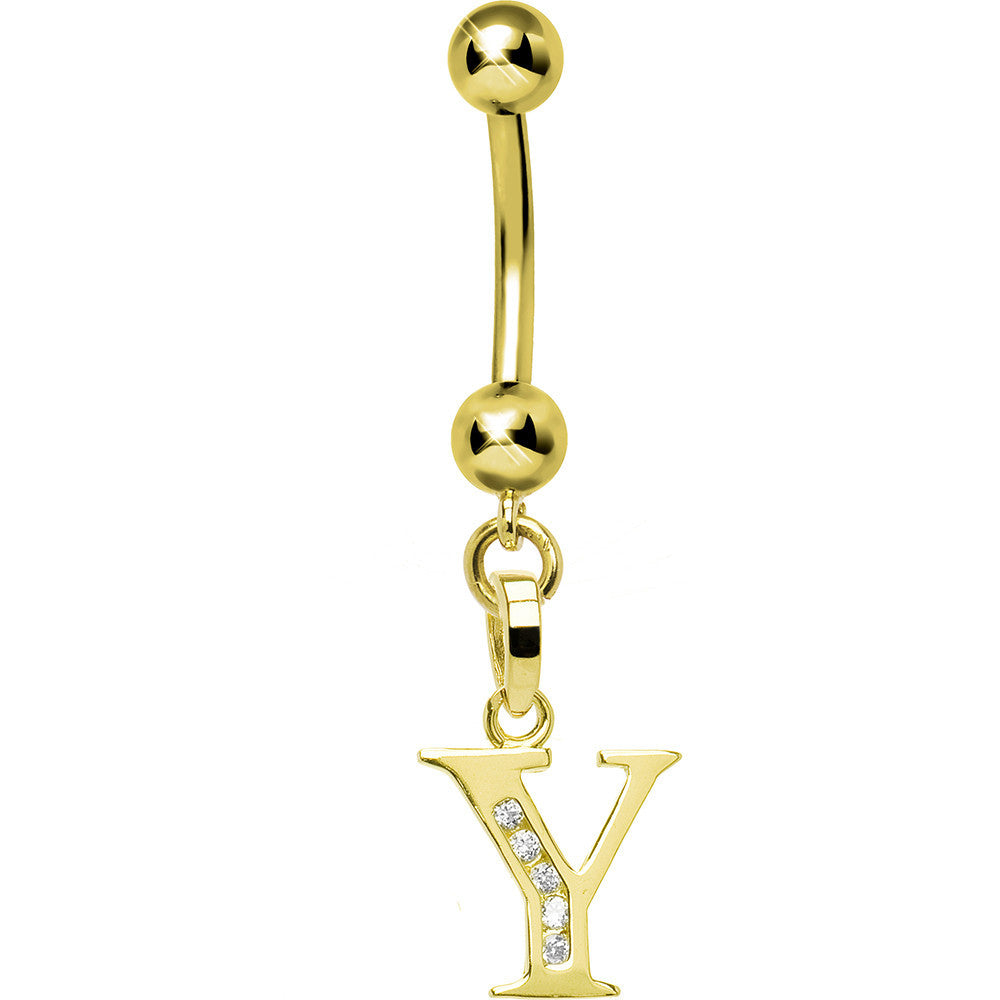 16G Solid 14k Yellow Gold CZ Initial Y Belly Ring