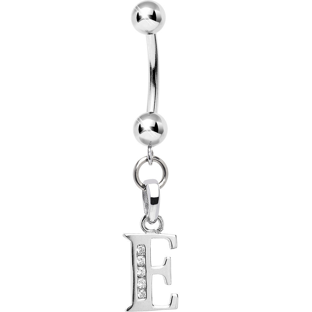 16G Solid 14k White Gold CZ Initial E Belly Ring