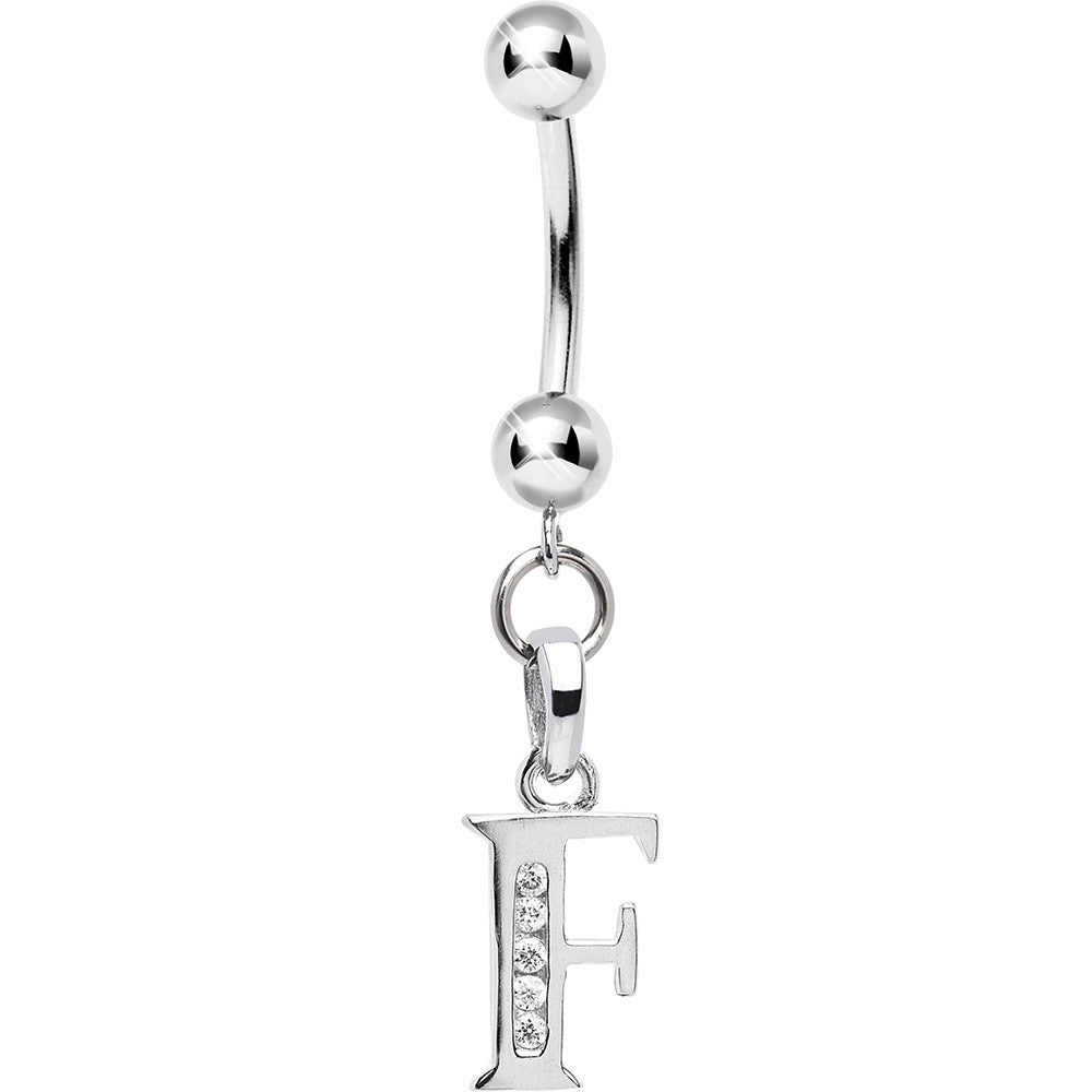 16G Solid 14k White Gold CZ Initial F Belly Ring
