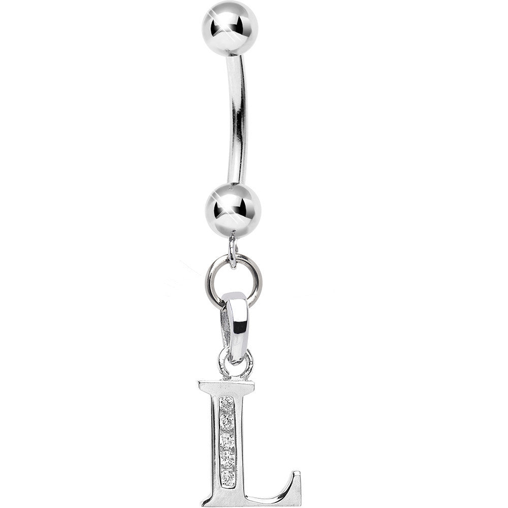 16G Solid 14k White Gold CZ Initial L Belly Ring