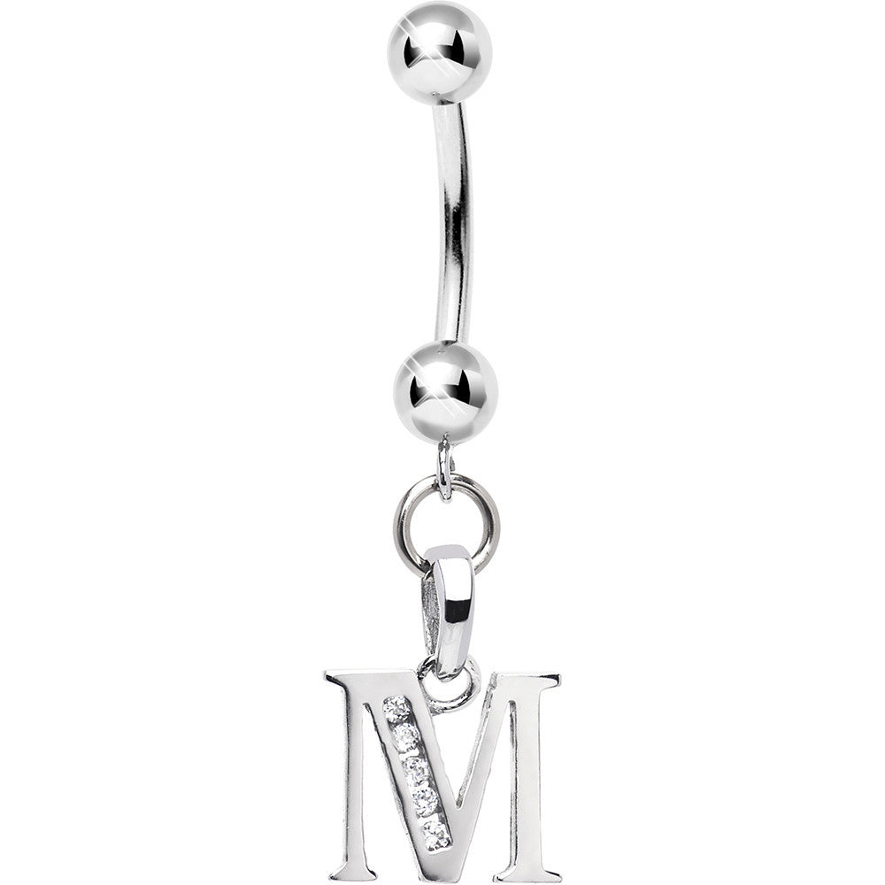 16G Solid 14k White Gold CZ Initial M Belly Ring