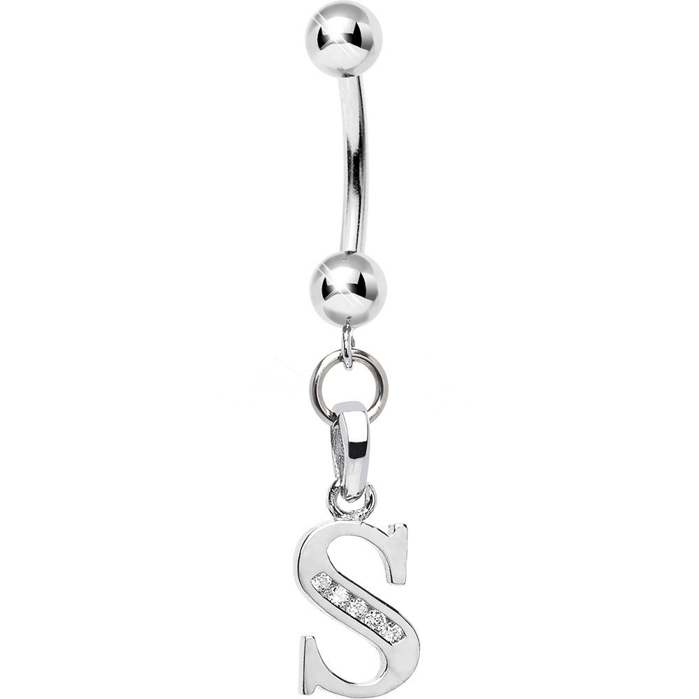16G Solid 14k White Gold CZ Initial S Belly Ring