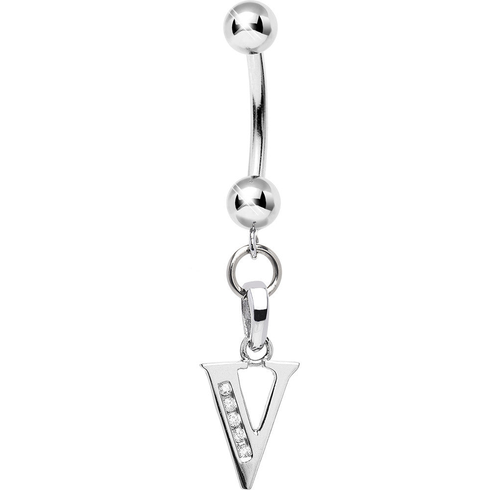 Solid 14kt White Gold CZ Initial V Belly Ring