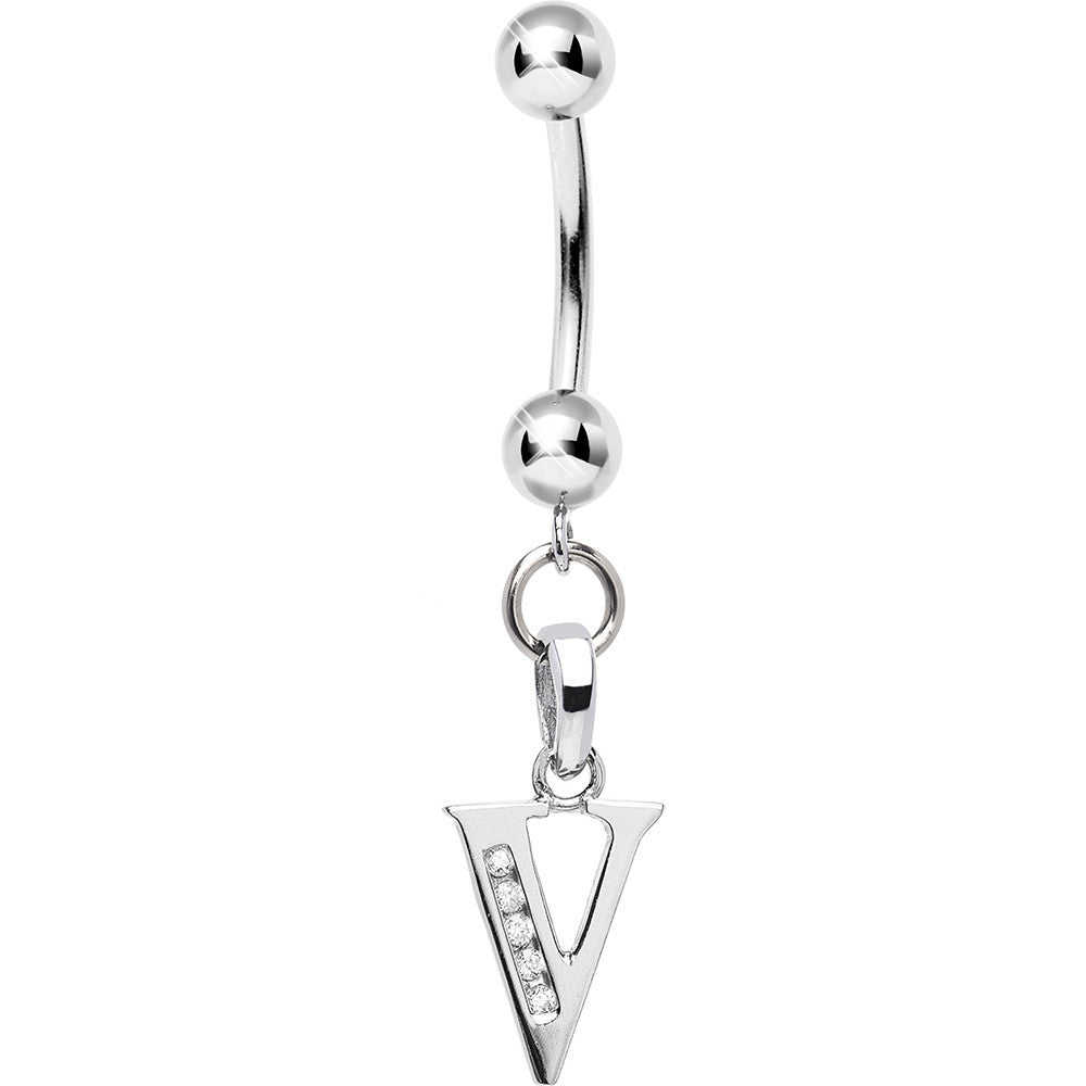 16G Solid 14k White Gold CZ Initial V Belly Ring