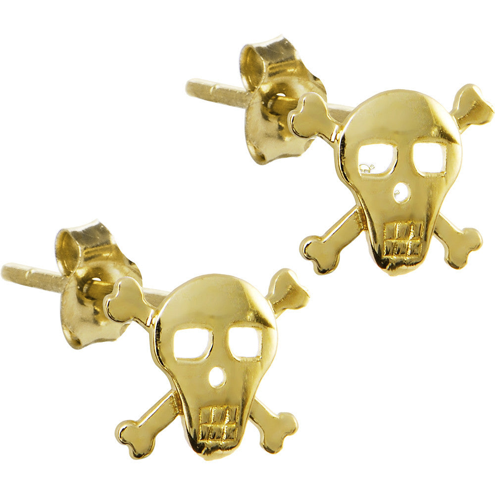 14k Yellow Gold Skull and Crossbones Stud Earrings