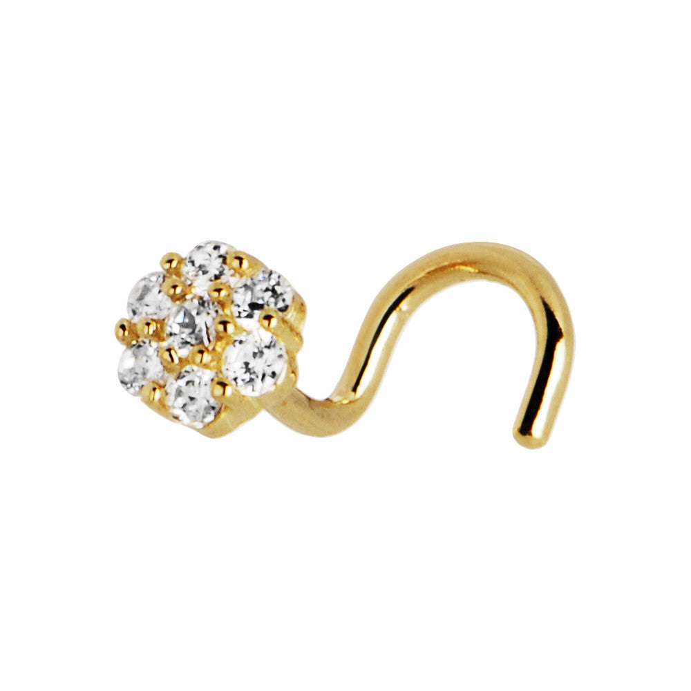Solid 14KT Yellow Gold Clear CZ Flower Nose Screw Ring