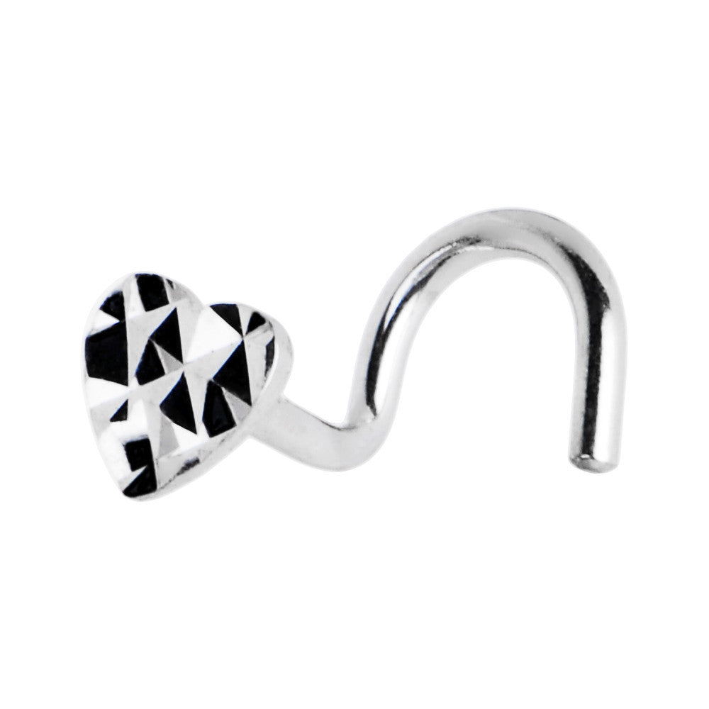 Solid 14KT White Gold Textured Heart Nose Screw Ring