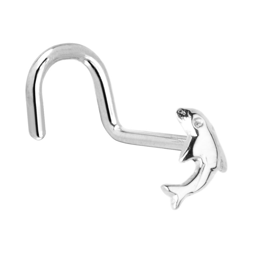 Solid 14KT White Gold Dolphin Nose Screw Ring