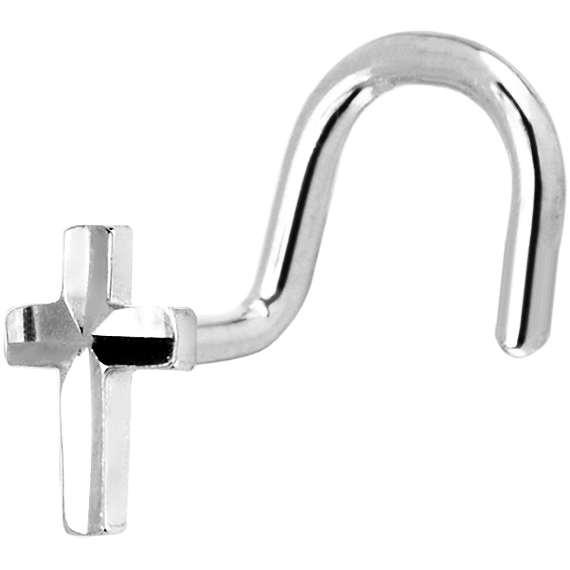 Solid 14K White Gold Raised Cross Nose Screw Ring