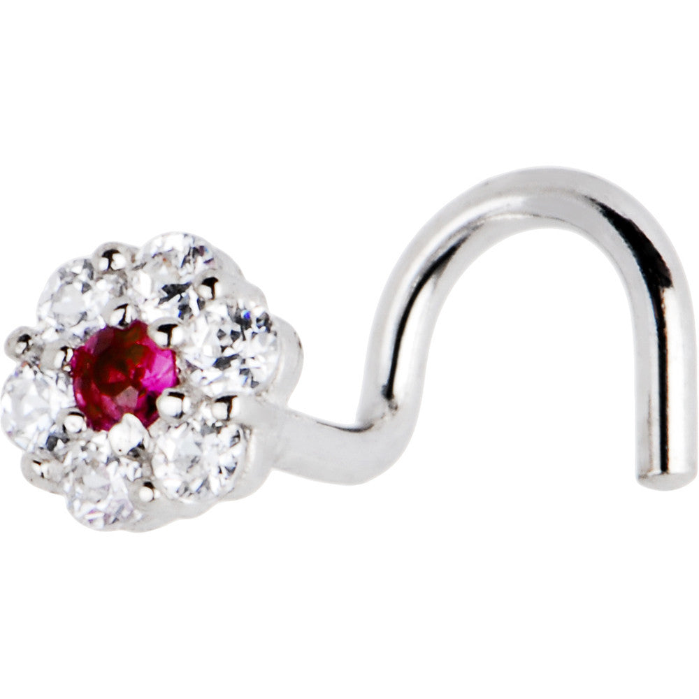 Solid 14K White Gold Red CZ Flower Nose Screw Ring