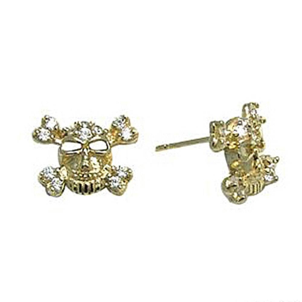 14k Yellow Gold 6mm CZ Skull Crossbones Stud Earrings