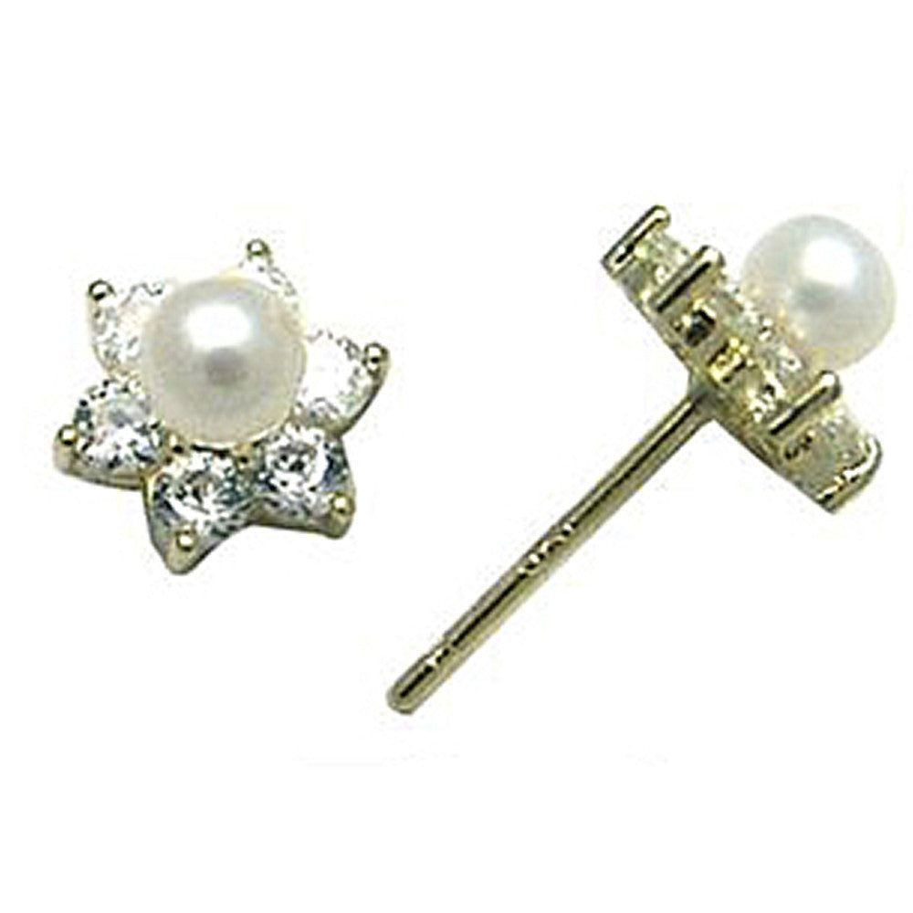 14k Yellow Gold CZ Flower Pearl Stud Earrings