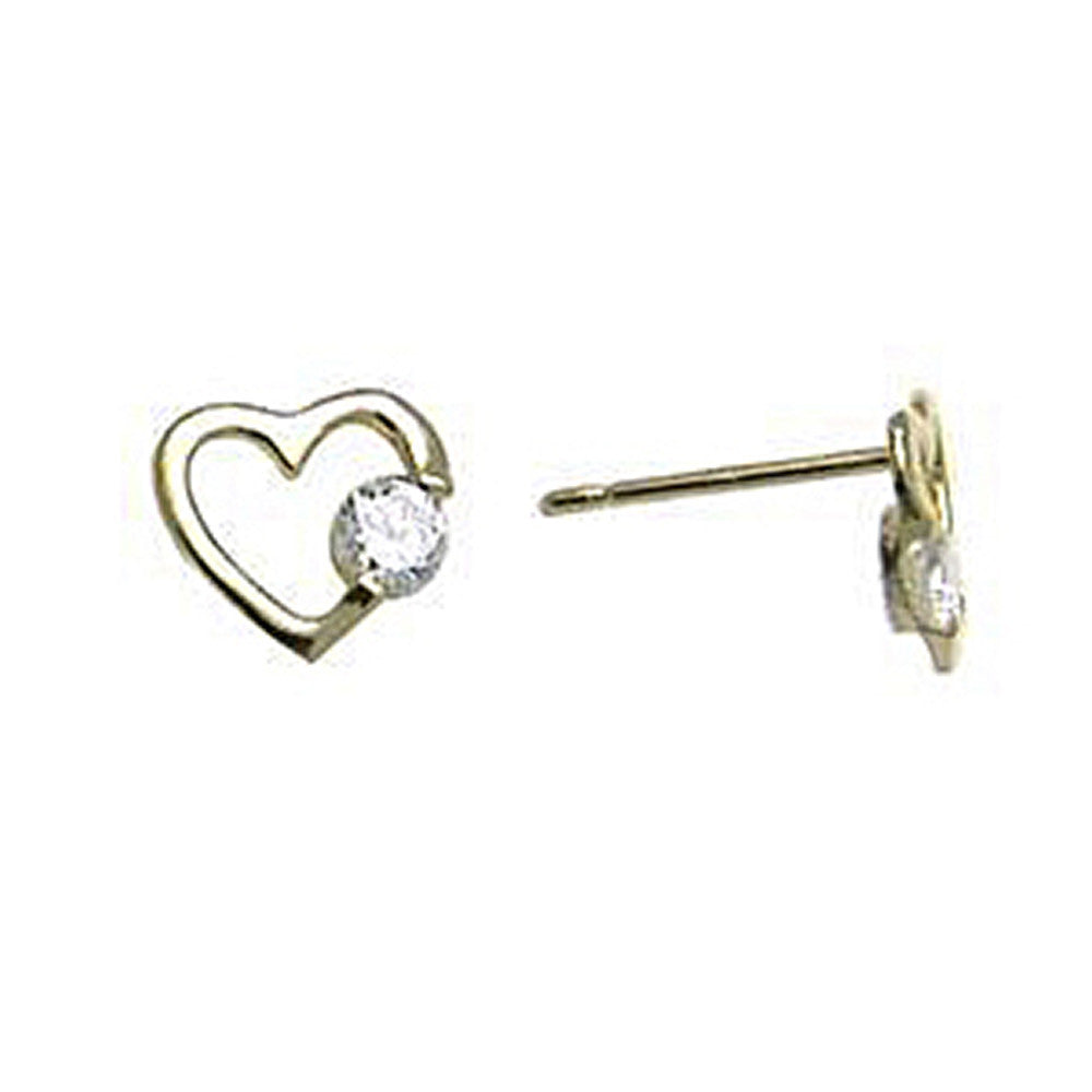 14k Yellow Gold CZ Hollow Heart Stud Earrings 7mm