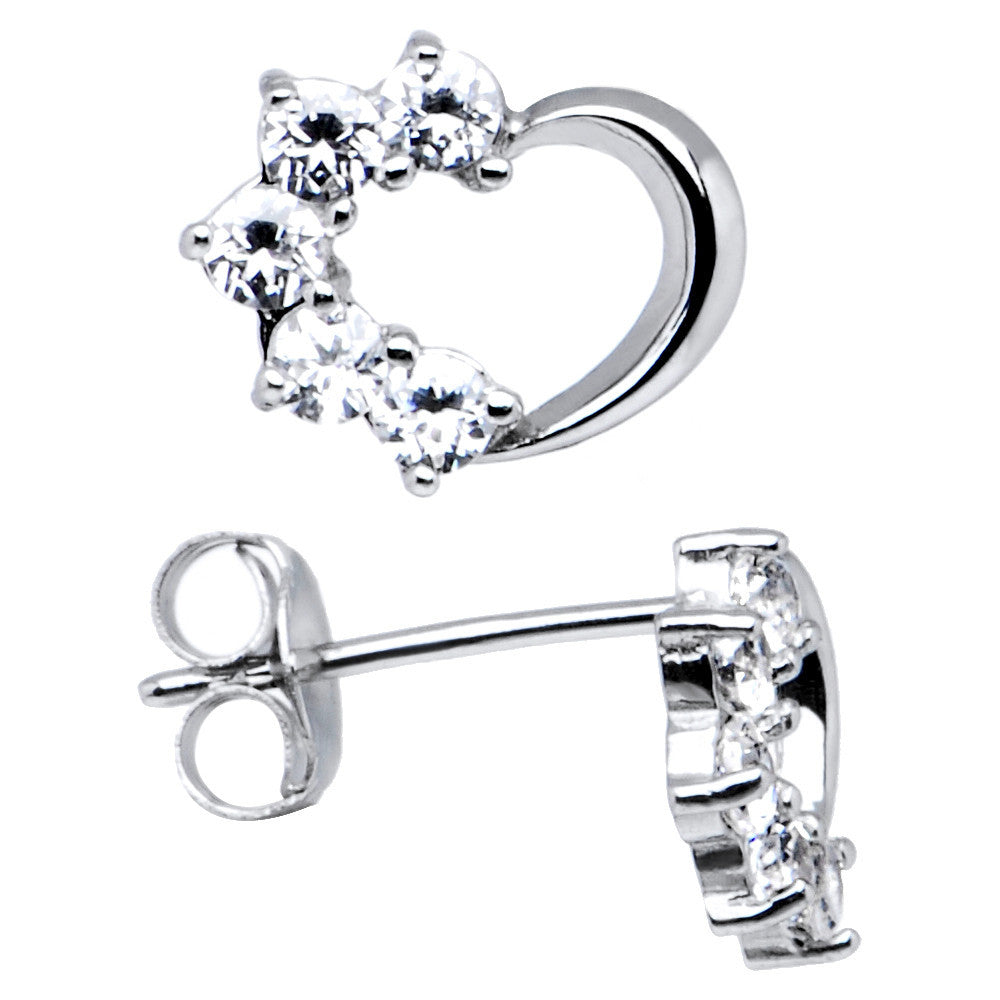14k White Gold CZ Hollow Heart Stud Earrings