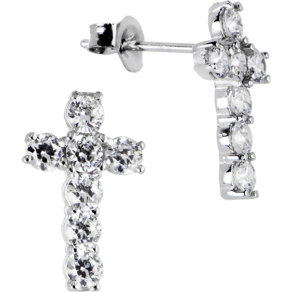 14k White Gold CZ Cross Stud Earrings