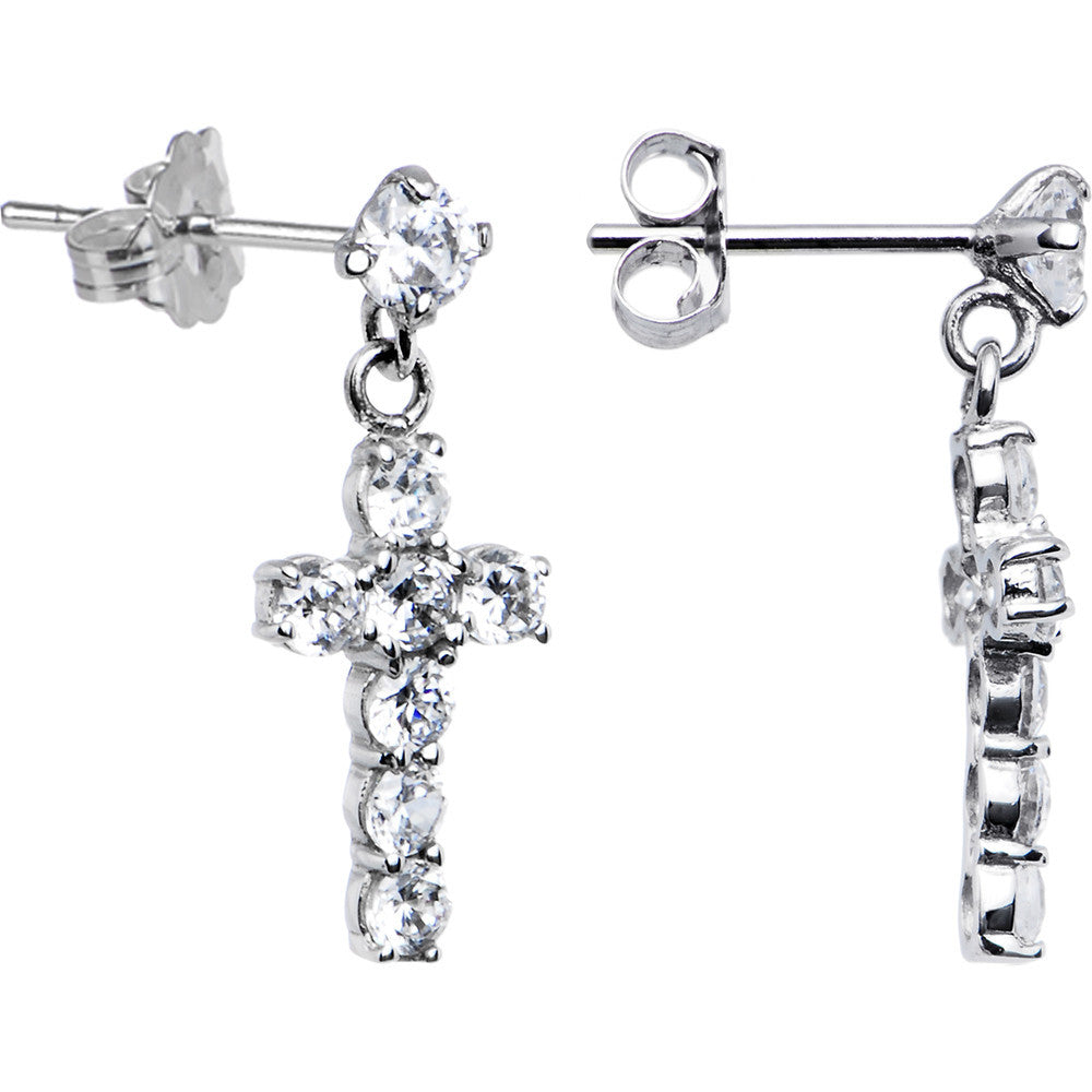14k White Gold CZ Cross Dangle Stud Earrings