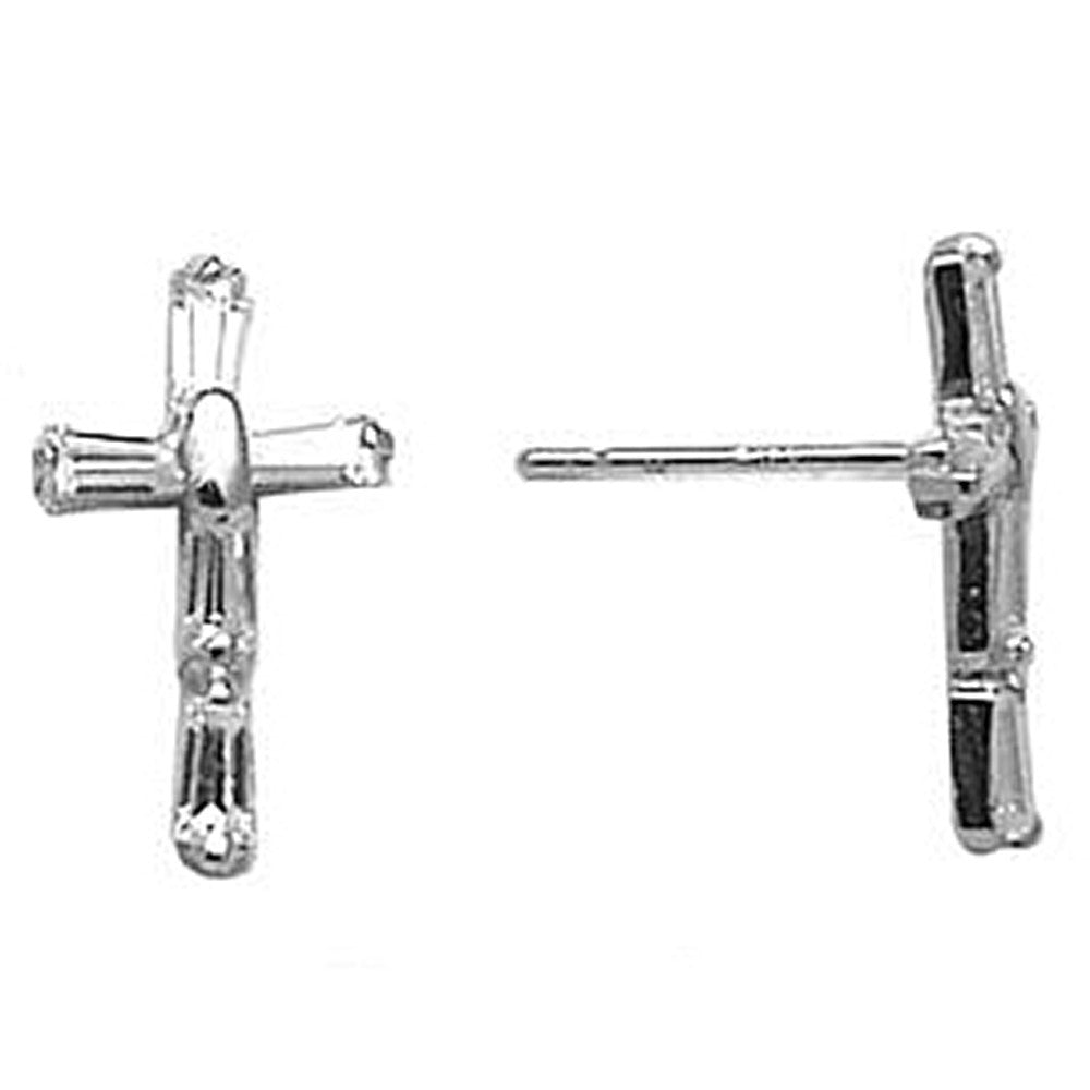 14k White Gold CZ Baguette Cross Stud Earrings