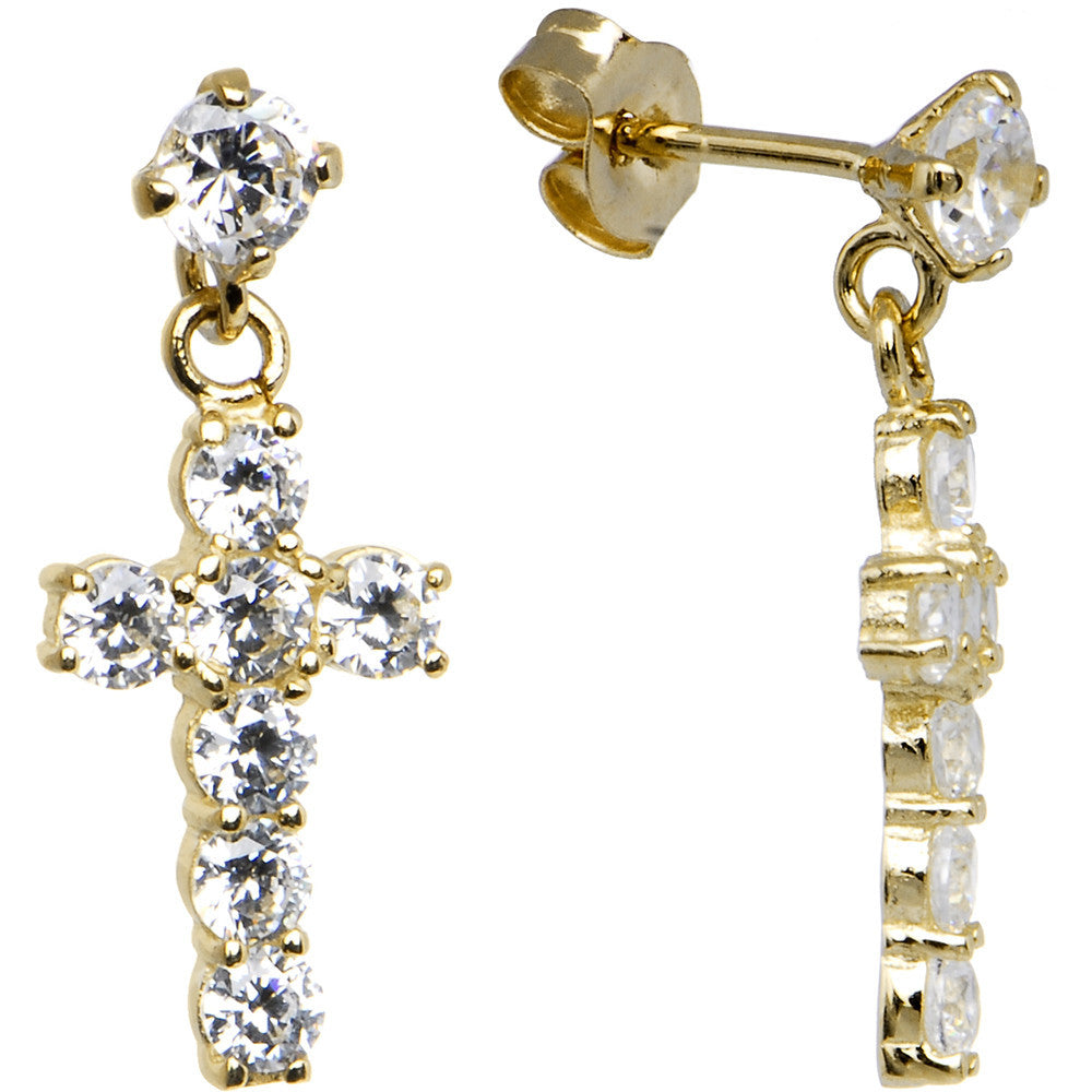 14k Yellow Gold CZ Cross Dangle Stud Earrings
