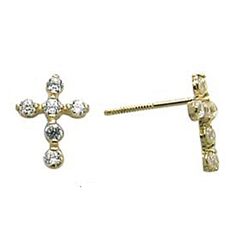 14k Yellow Gold Cubic Zirconia Cross Stud Earrings