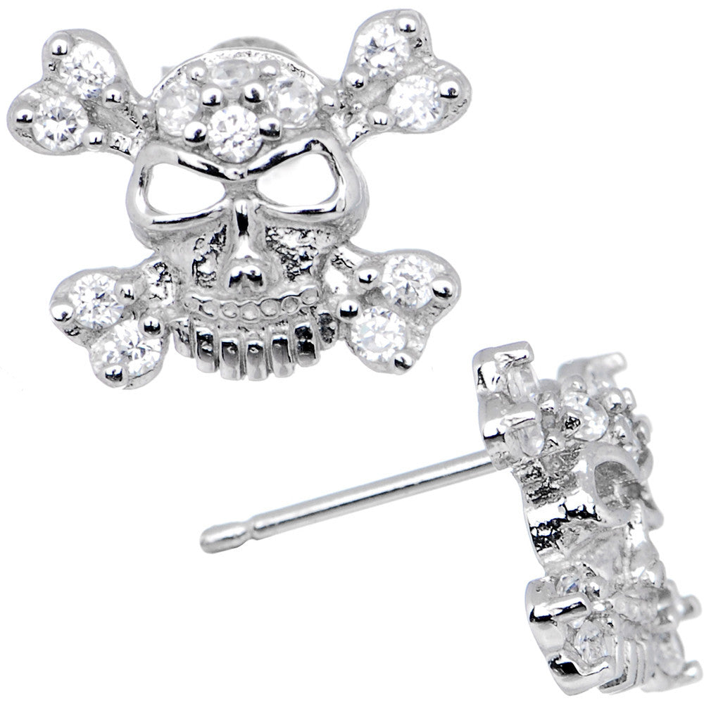 14k White Gold 6mm CZ Skull Crossbones Stud Earrings