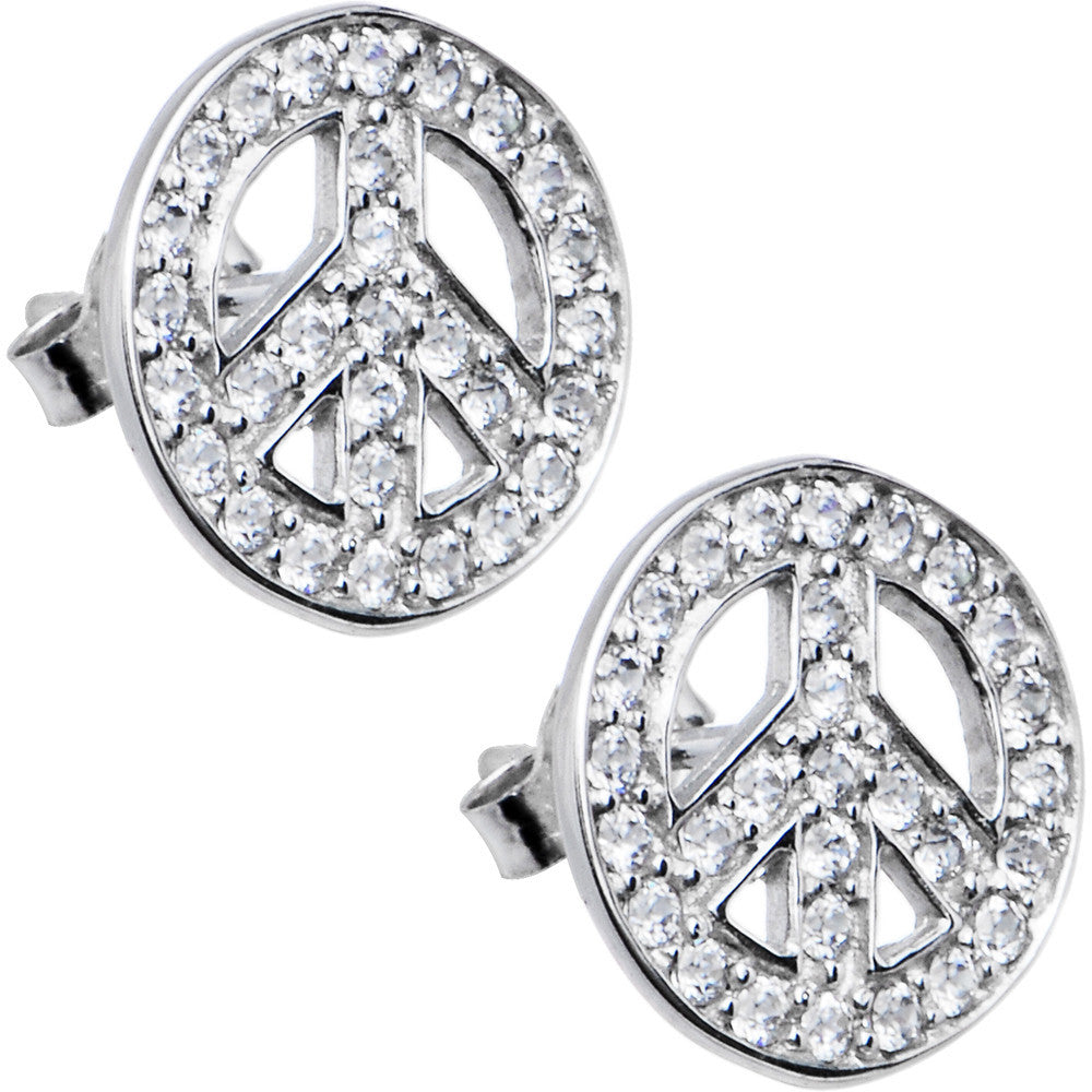 14k White Gold CZ Paved Peace Sign Stud Earrings