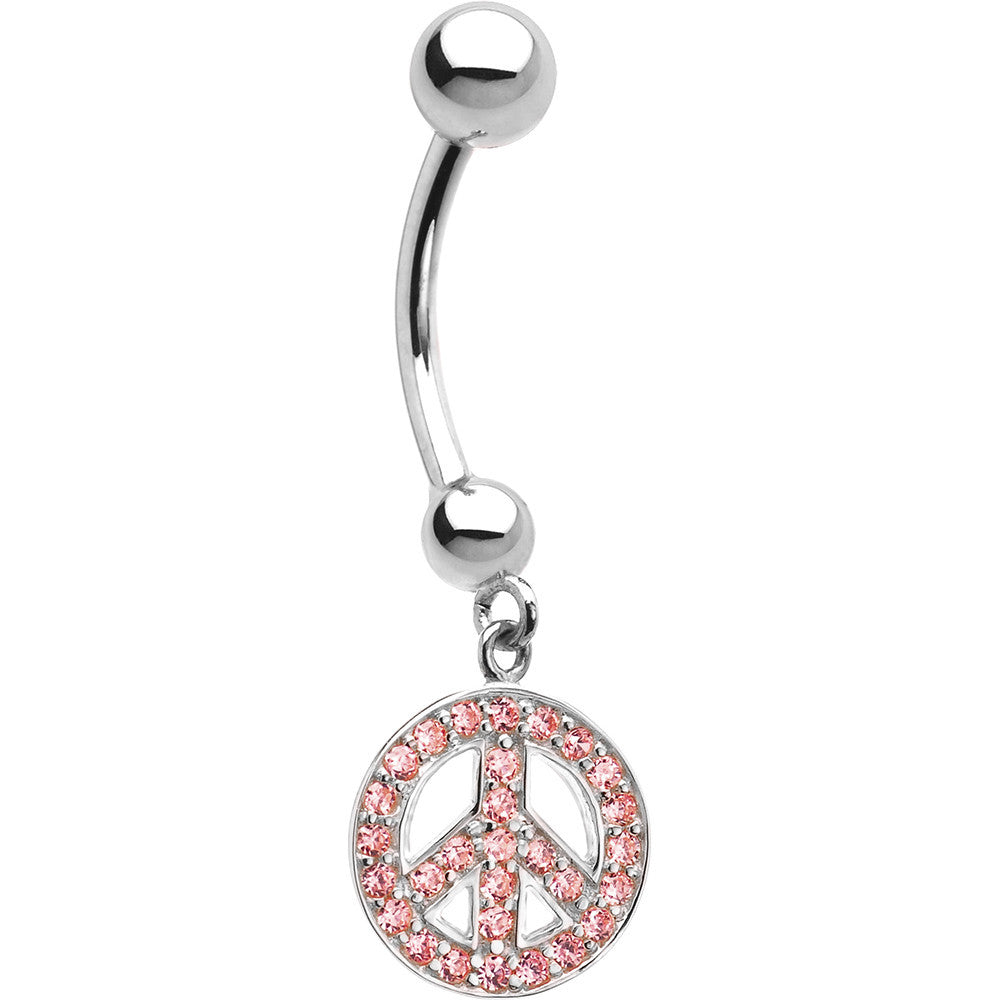 16G 14k White Gold Pink CZ Peace Sign Belly Ring