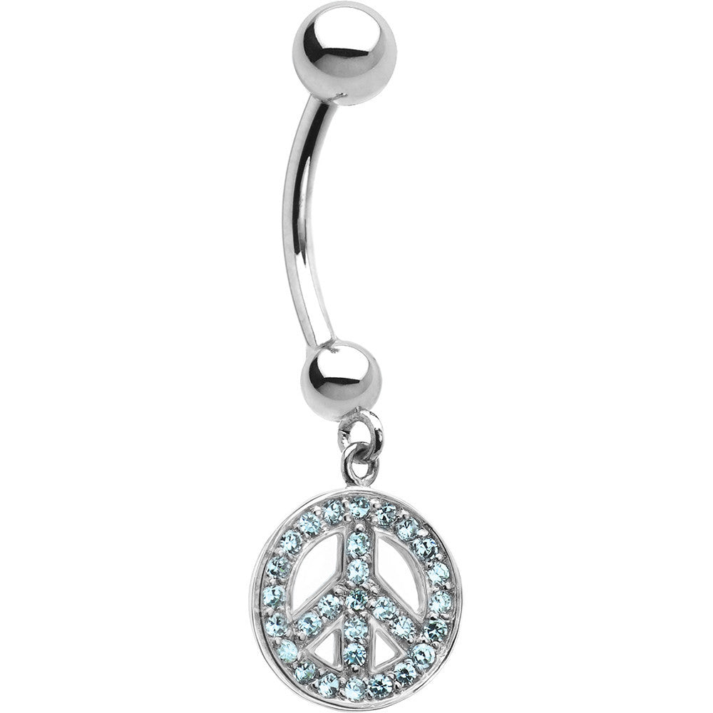 16G 14k White Gold Aqua CZ Peace Sign Belly Ring