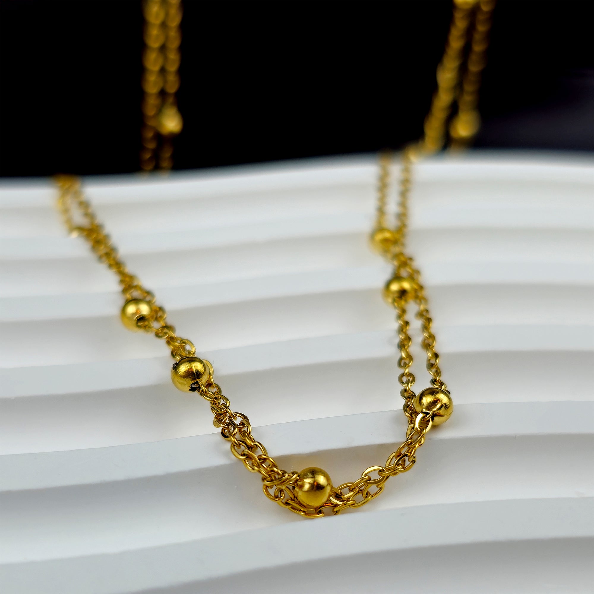 Stainless Steel Gold Tone PVD Ball Station Necklace Satellite Chain Double Necklace